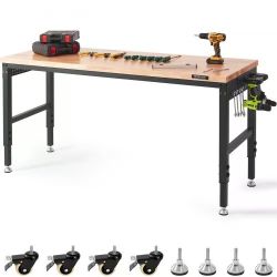 581*Adjustable Workbench, 72" L X 25" W Garage Worktable with Universal Wheels, 28-39.5" Heights & 3000 LBS Load Capacity, with Power Outlets & Hardwo