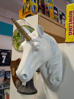 White Unicorn Wall Mount Head Decor With Gold Glitter Horn Fantasy Display