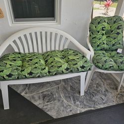 Plastic Bench ,one chair + cushions 