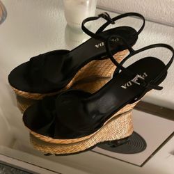 Prada Black Suede Bow Woven Wedge Sandals Size 39