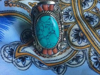 native american handmade turquoise and coral ring