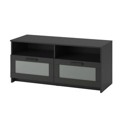 IKEA BRIMNES TV unit features two large drawers with frosted glass fronts.