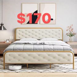 King Size Bed Frame with Elegant Button Tufted Curved Headboard