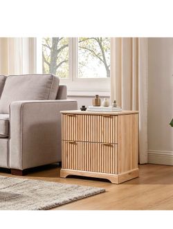 Fluted Nightstand with Charging Station, 30" Wide Side Table with 2 Large Storage Drawers, Modern Wood Night Stand with Metal Handle, Wooden Bedside E