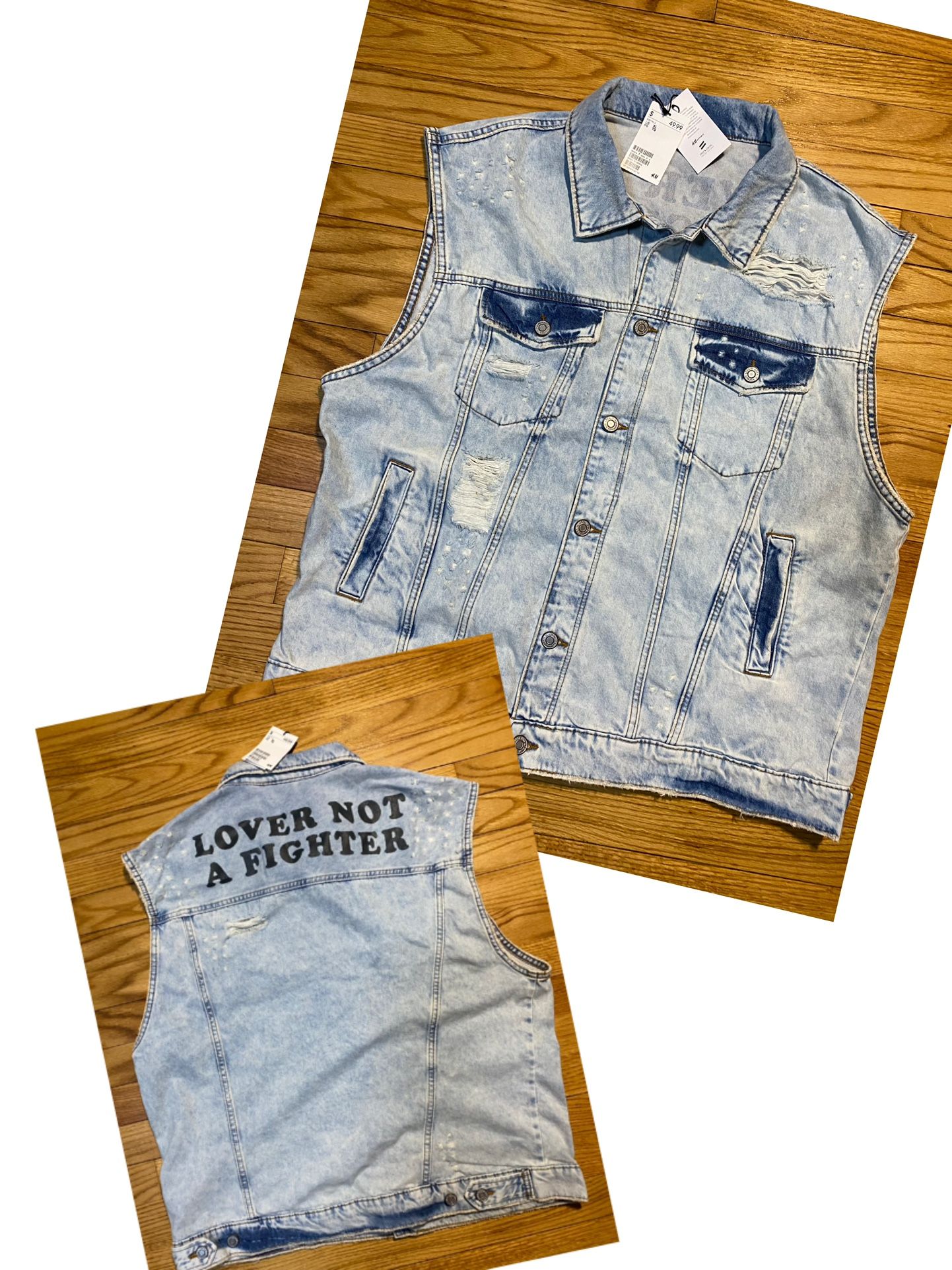H&M Denim Vest with Printed Design Light Distressed denim Men’s Sz XL New!!!