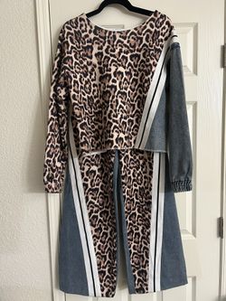 Womens 2 Piece Jean And Leopard Pant Set