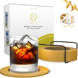 Set of 8 Large Bamboo/Oak Absorbent Coasters With Holder for Drinks - BRAND NEW IN BOX 