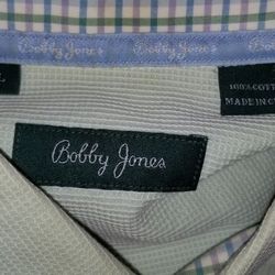 BOBBY JONES COTTON BUTTON UP LT CASUAL DRESS GREEN SHIRT w/Golfer Man on Side Vent EUC