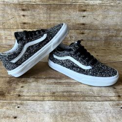 Vans Old Skool Kids Black White Glitter Textured Low Top Sneakers Shoes