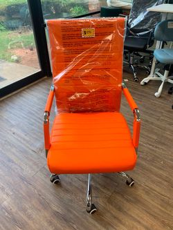 New Ergonomic Office Desk Chair, Executive Ribbed Mid-Back PU Leather Conference Room Chair Adjustable Swivel Chair with Arms (1, Orange)