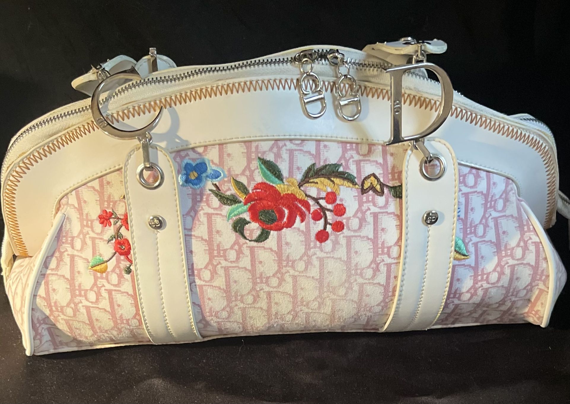 Pink Bowler Bag With Embroidered Flowers White Straps