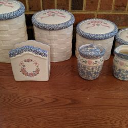 Vintage Ceramic Canister Set with Matching Creamer with Covered Sugar Bowl and Napkin Holder