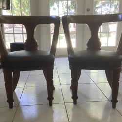 Set of 2 Solid Wood Craved Arm Chairs with Leather Seats 2 For $110 Or $65 Each