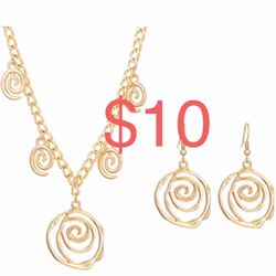Gold Spiral Choker Necklace Dangle Earrings Set for Women Vintage Statement Swirl Twisted Round Circle Sea Wave Metal Hollow Geometric Lightweight Jew