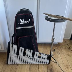 Pearl drum set with xylophone, drum sticks and travel bag