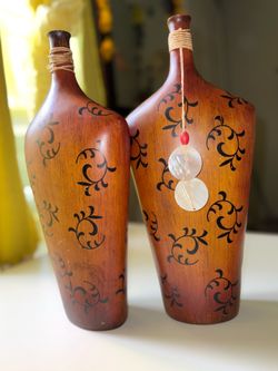 Set of 2 Vintage Handcrafted Wooden Wine Bottle Vases