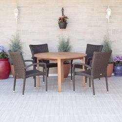 BRAND NEW 5 Piece Patio Round Dining Set - Outdoor Table And Chair Furniture - Solid Wood & Wicker