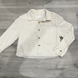 Zara cream canvas cropped collared button down long sleeve shirt with single chest pocket