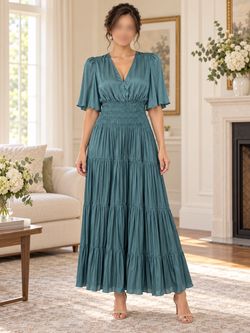 Teal Satin Maxi Dress with Flutter Sleeves