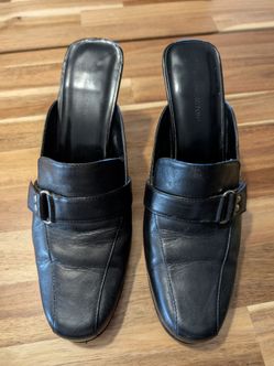 (E12) Worthington Black Leather Heeled Mules Women's 9