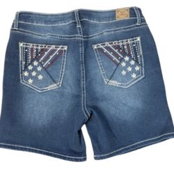 Love Indigo Patriotic Americana Mid Rise Embroidered Stretch Blue Denim Shorts Women's 14
