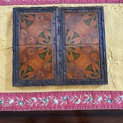 $55  Vintage Pottery Mid Century Pattern Tile Trivet Set Wood Frame Trivet 