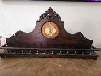 Vintage Carved Wood Wall Shelf with Needlepoint Detail 34"x 17"