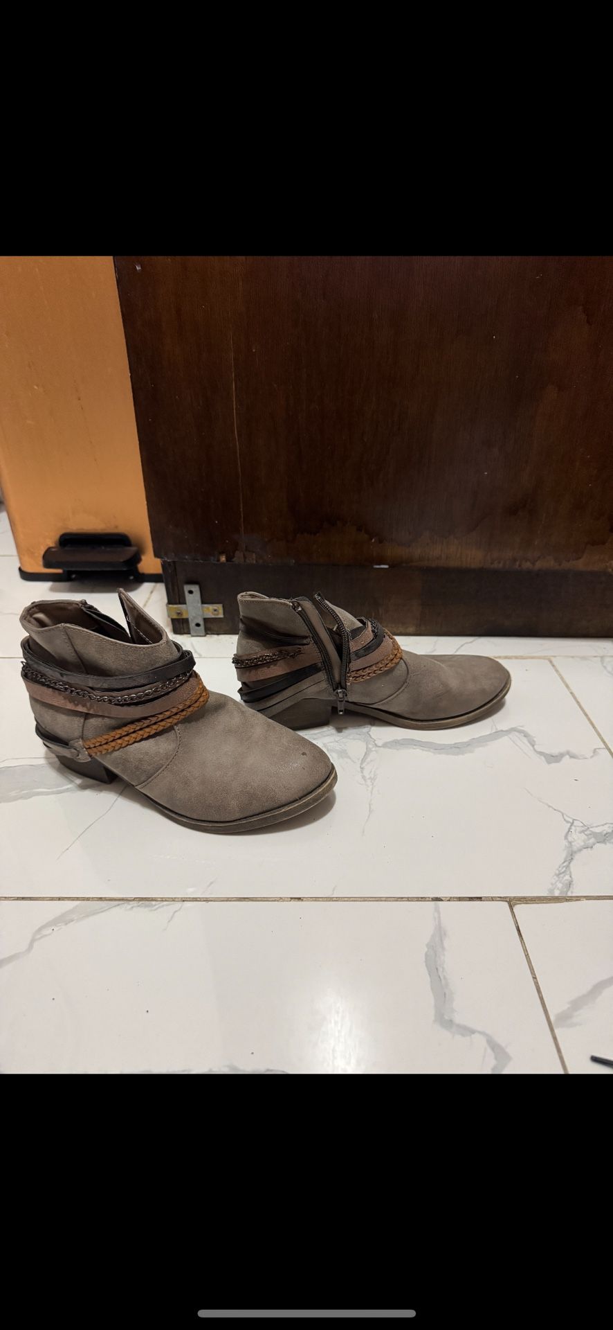 Description for Shoes • Brand: Kohl’s • Type: Women’s ankle boots • Color: Taupe/Brown with decorative braided and chain detailin