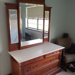 Large Vintage Marble Top Mirror Dresser