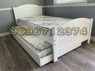 Twin twin size white trundle bed with orthopedic mattress