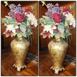 VINTAGE GOLD FLORAL FLOWER ARRANGEMENT BOUQUET FOOTED VASE TABLE DECOR