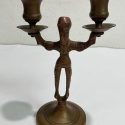 Antique 19-Century Russian Cossack Brass Double Candlestick ~ Bearded Man ~ RARE