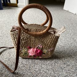 Straw Floral Handbag with Round Handles
