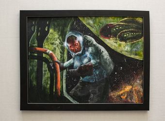 "The Salvager" - FRAMED mixed media - paint and paper - Sci-fi Student Painting