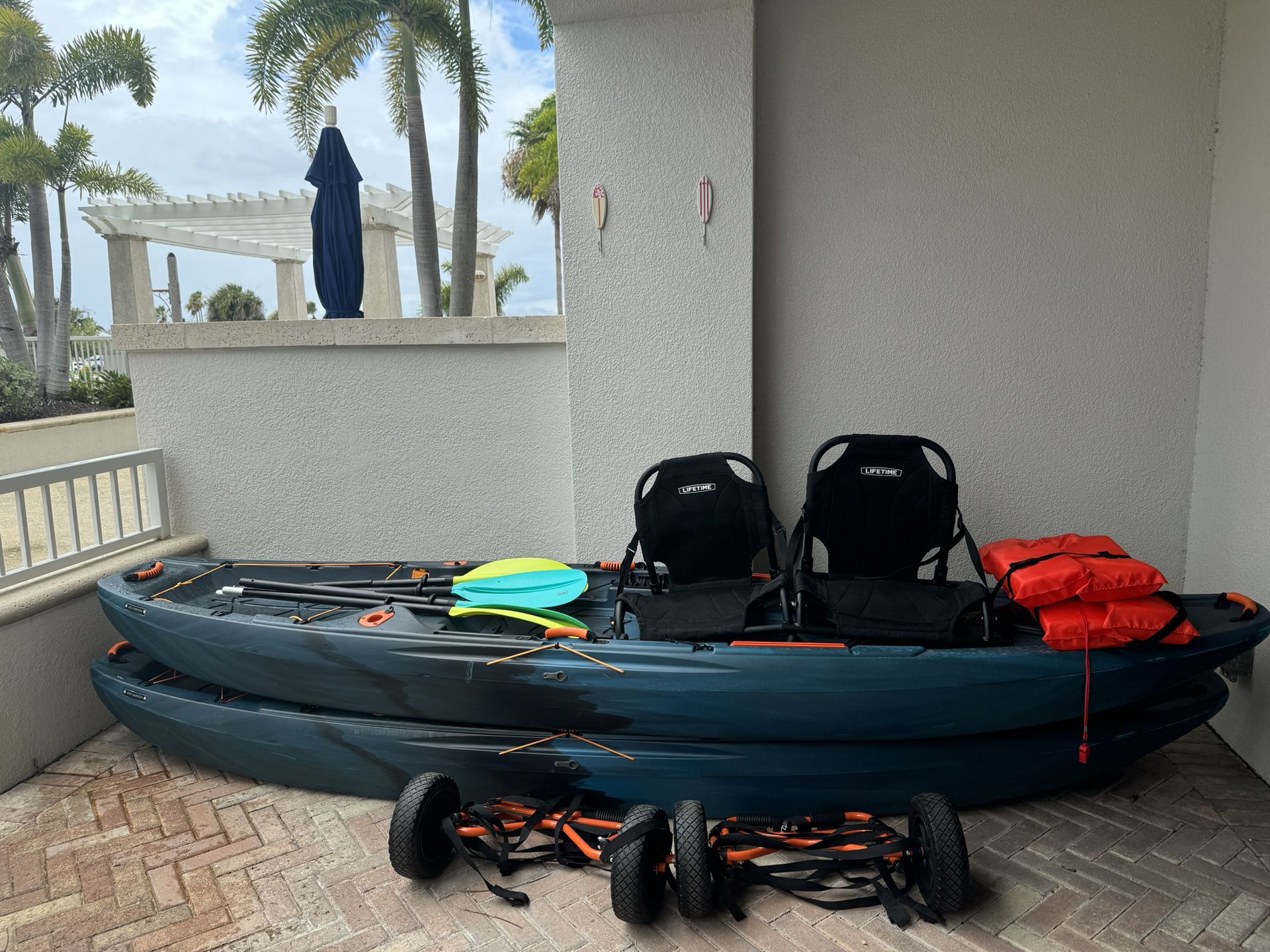 2 Lifetime Teton Pro 116 Angler kayaks with accessories!