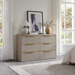 New White Oak / White Alder Fluted Panel 6-Drawer Dresser with Gold Handles