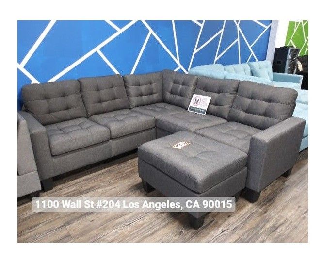 REAL SHOWROOM 😁 WE FINANCE - BLUE GREY L SHAPE COUCH SOFA SECTIONAL WITH OTTOMAN MODERN COUCHES