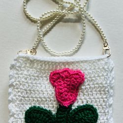 White Pink Tulip Bead Crochet Bag Phone Case Cover crossbody Handmade Purse Tote