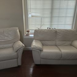 White Leather Love Seat + Recliner 