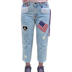 Vtg 80s Levi Strauss "Peace Love Flag" Fringe Straight Leg Jeans 