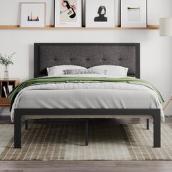 Full Bed Frame with Tufted Upholstered Headboard – Black Metal Platform Bed