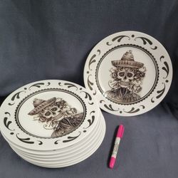 Day of the Dead Skeleton Katrina Sugar Skull Dinner Plates Set of 8 - Melamine Halloween Decorations Dia de los muertos Decor 10"