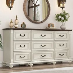 9 Drawer Dressers for Bedroom, Farmhouse Dresser with 6 Solid Wood feet, 63" Wide White Dresser Wooden Dresser Rustic Chest of Drawers Long Dresser