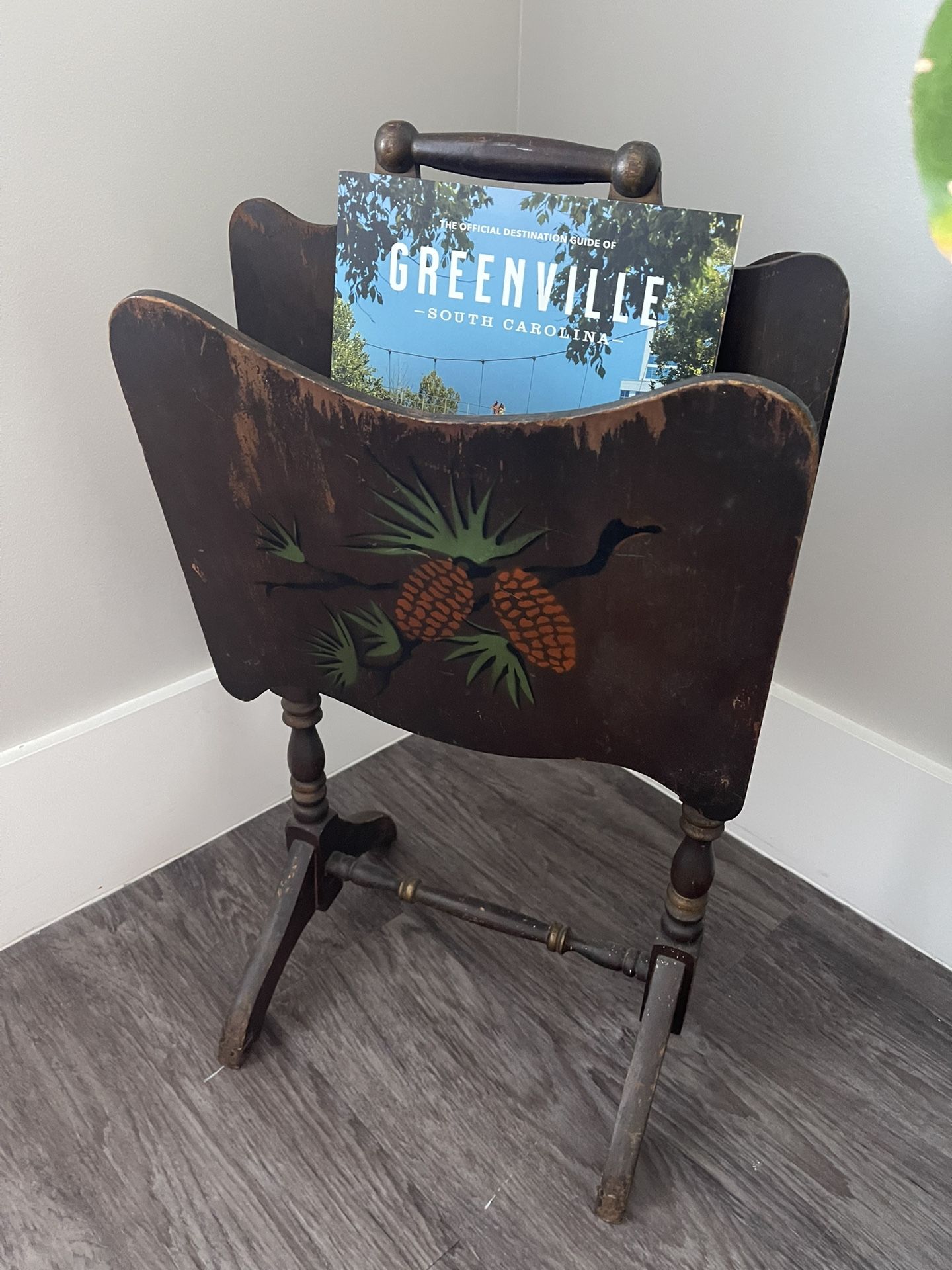 Vintage  Wood Magazine Rack (with a hand-painted pineapple design)