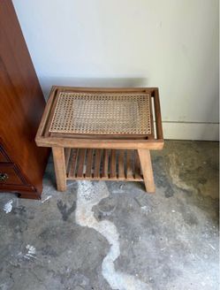 Wood and Cane Woven Top Bench Stool