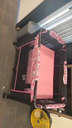 3 in 1 Pink Pack and Play,Girl, Changing Table w/Safety Belt, Hanging Bar, Lockable Wheels, Portable Baby Playard from Newborn to Toddler
