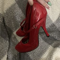 Funtasma Mary Jane red patent platform pumps with a leopard print insole.