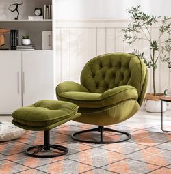 Green Velvet Accent Chair with Ottoman - $200 OBO