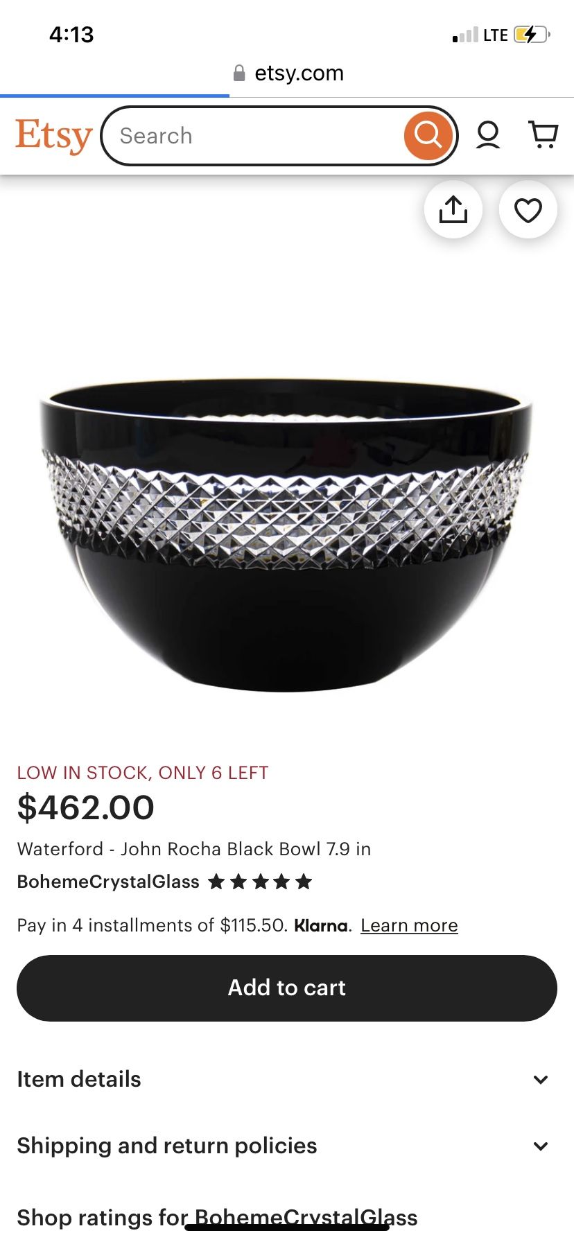 Waterford Black Cut Crystal Bowl 