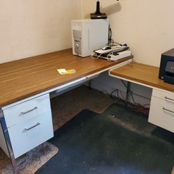 Steel desk, wood top, side table and credenza.